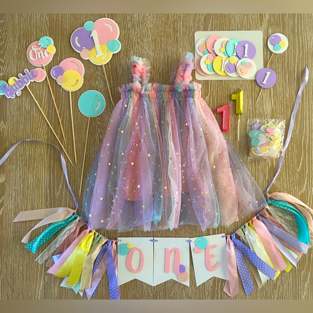 First Birthday Dress and Bubble Theme Decorations